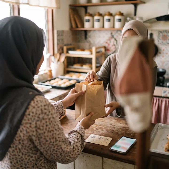 Peniaga memberi bungkusan kepada customer