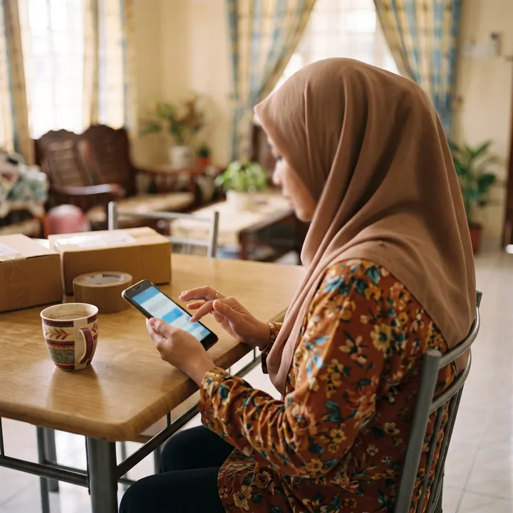 Peniaga membaca mesej customer